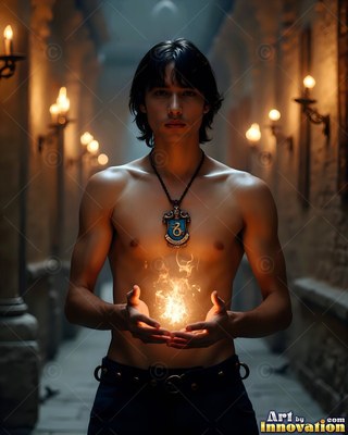 Facing forward in a stone hall, a shirtless man holds fire in his hands