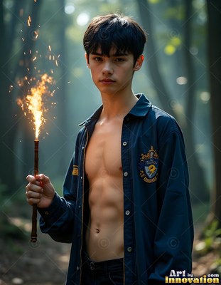 In a forest, a young man has in his hands a sparking wand wearing a plain blue jacket