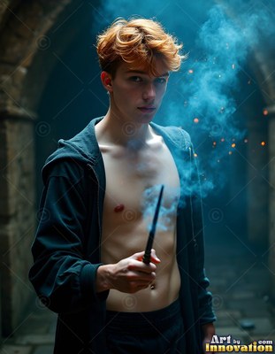 Holding a wand with blue smoke, a shirtless young man stands in an open black robe