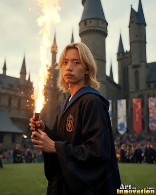 A blond man in black wizard robes holds a fire wand outside a castle