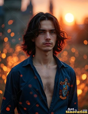 An open dark blue collared shirt on a young man standing outside in bright sparks at sunset