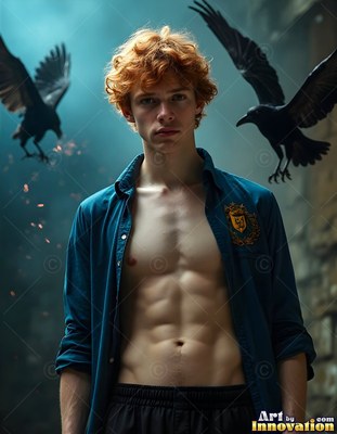 A young man stands with flying ravens around him under a dark teal light