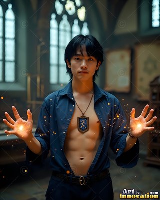 Standing inside a stone hall, a young man raises both hands in blue clothes