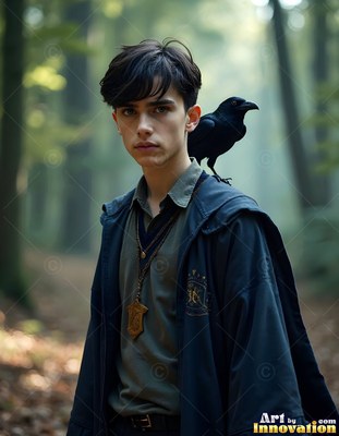 A young man in a dark blue robe stands in the woods with a raven on his shoulder