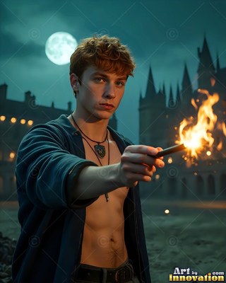 Outside a castle at night, a shirtless young man grips a burning wand under the moon