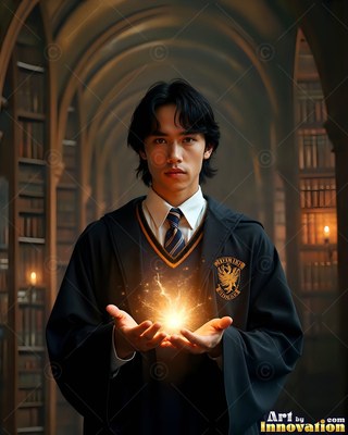 Holding bright magic sparks in his hands, a young man wears black robes in a library hall