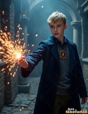 Blond young man in a blue coat holds bright sparks