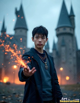 Wearing a dark coat, a young man shoots bright orange sparks near a castle