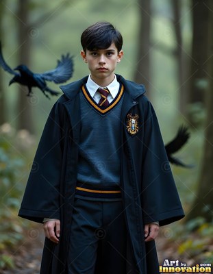 A young man in a dark school robe stands as ravens fly past in soft forest light