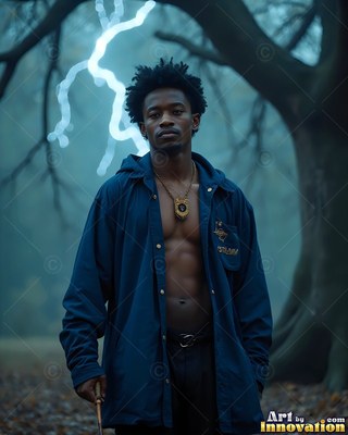 Standing forward in a dim forest, a man holds a wand under lightning