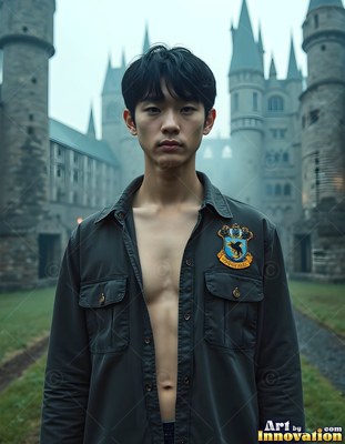 A young man in an open black jacket stands outside a gray stone castle