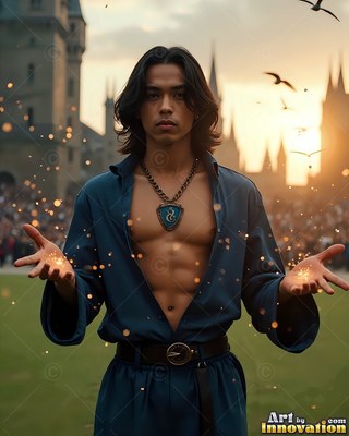 In a castle courtyard, a young man clasps open hands in the golden dusk light
