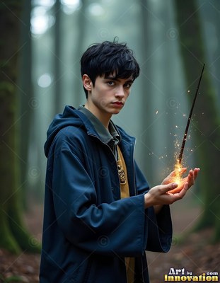 Holding a sparked wand, a young dark-haired man stands in a blue robe in a foggy forest