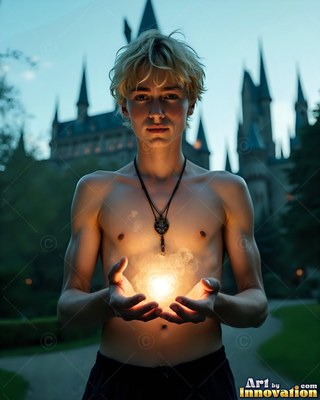 A young shirtless man holds a bright light outside a castle