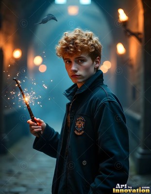 Curly ginger hair tops a young man holding a sparking wand in a stone hallway