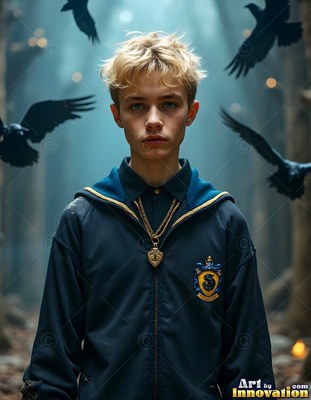 A blond young man stands as black ravens fly past him in cool blue forest light