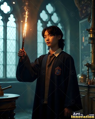 Standing in a stone hall, a young man in dark robes holds up a lit sparkler wand