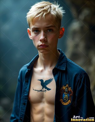 A blond young man in a plain blue shirt showing a raven chest tattoo