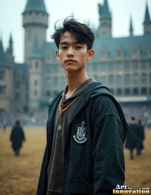 Outside a castle, a young East Asian man stands in a dark green hooded robe
