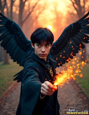 Shooting orange sparks from a wand, a young man stands with a large black raven