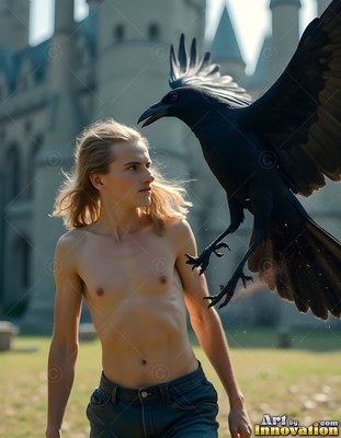 Shirtless blond man looking up at a flying black raven