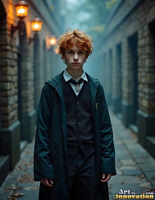 Red curly hair tops a young man in dark robes in a misty stone alley with lanterns