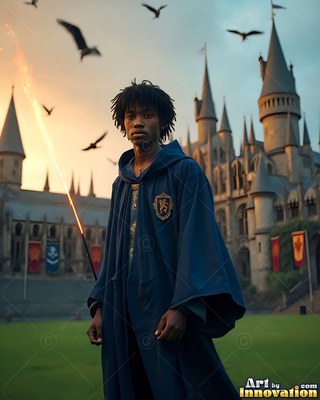 A young man in a blue robe holds a fiery wand near a castle under a pale dusk sky