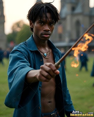 Facing forward on castle grounds, a young man points a flaming wand