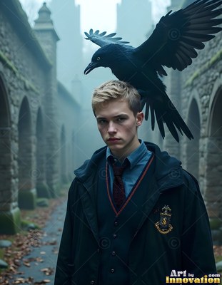 A young blond man in school robes stands outside as a black raven flies right over his head