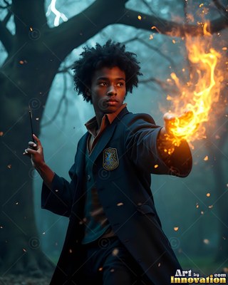 In misty woods, a young man in dark school robes casts yellow fire from his hand