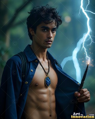 Holding a dark wand, a shirtless man in a bright blue coat summons bright lightning outdoors