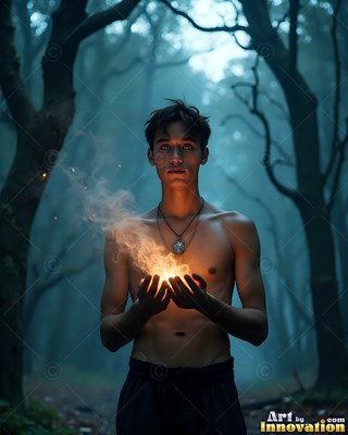 A shirtless young man has in his hands bright fire in dark woods