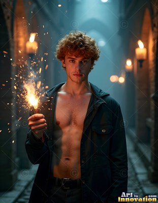 Wearing an open dark jacket in a stone hallway, a bare-chested man holds bright sparks