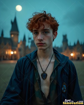 A red-haired young man stands outside a castle courtyard under a pale round moon