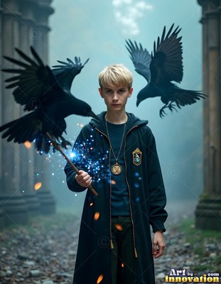 Standing between stone pillars, a young blond man in a black robe holds a wand with ravens