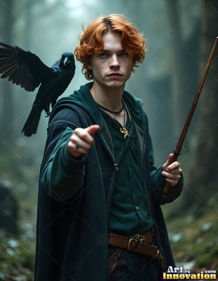 A young man with red hair in a dark green cloak holds a wand with a raven on his shoulder