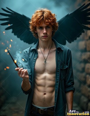 Holding a sparking wand, a red-haired man with an open shirt stands before black wings