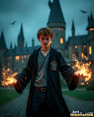 Young man in black robes holds fire outside a castle