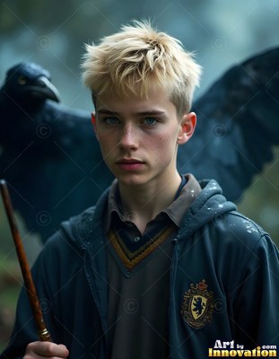 Messy blond hair on a young man holding a wooden wand beside a raven outdoors