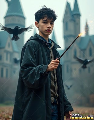 A young man raises a wand sparking with yellow light beside flying ravens