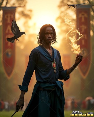 Facing forward in an open courtyard, a young man carries fire beside a flying raven