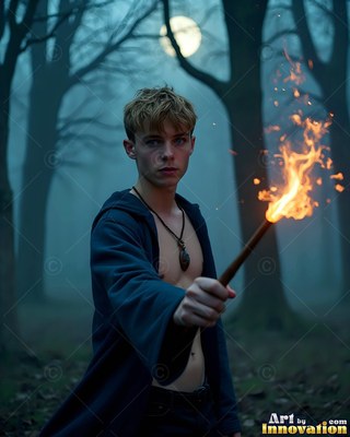 A young blond man in an open dark robe holds a flaming wand in a misty forest