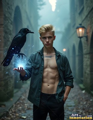 In a foggy alley, a shirtless blond man holds a black raven over blue light