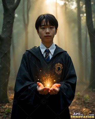 Holding bright sparks in his hands, a young man in black robes stands in a misty wood