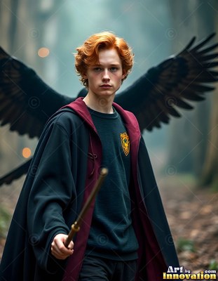 Red-haired young man in dark robes holds a wand before a raven