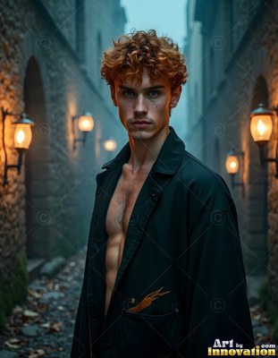Curly red hair frames a young man in an open black coat on a misty stone alley