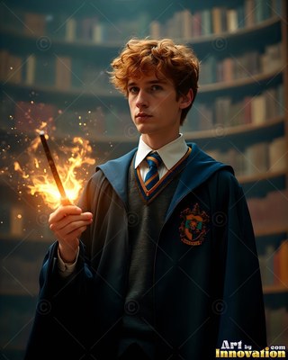 A young man holds a flaming wand in a library, lit by bright yellow sparks
