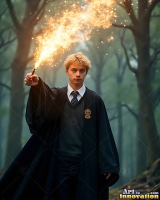 Facing forward in a dim forest, a blond young man raises a wand sparking yellow light