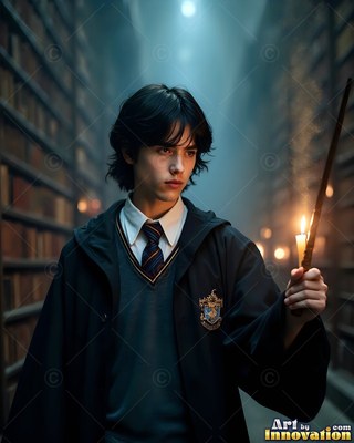 A young man in a school robe holds a lit wand in a dark library aisle