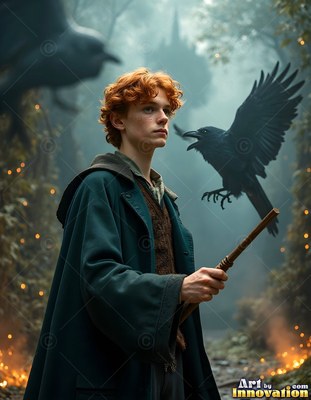 In a misty forest, a young red-haired man holds a wand as black ravens fly around him